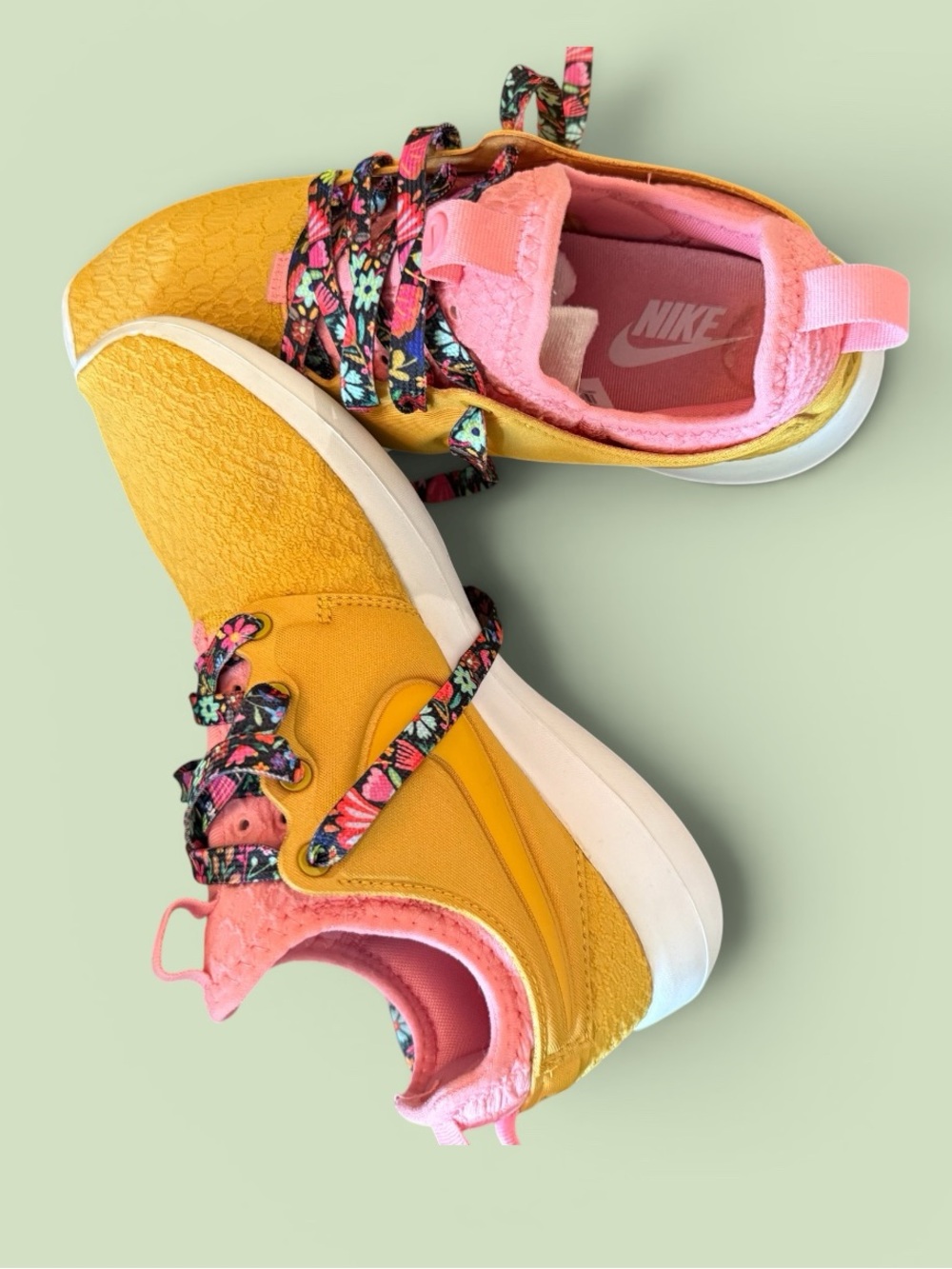 Nike Yellow Sneakers with Pink Collar and Floral Laces - Picture 3 of 11